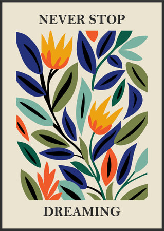 Botanical Matisse inspired flower wall art posters, brochure, flyer templates, contemporary collage. Organic shapes, line floral pattern with positive quote, Never stop dreamingのイラスト素材