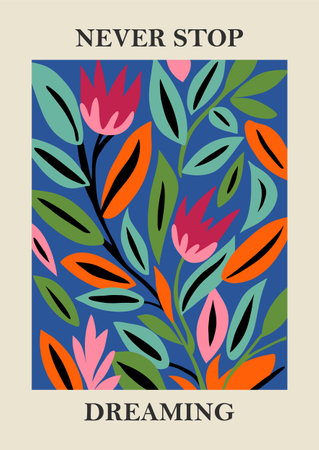 Botanical Matisse inspired flower wall art posters, brochure, flyer templates, contemporary collage. Organic shapes, line floral pattern with positive quote, Never stop dreamingのイラスト素材