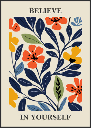 Botanical Matisse inspired flower wall art posters, brochure, flyer templates, contemporary collage. Organic shapes, line floral pattern with positive quote, Believe in yourselfのイラスト素材