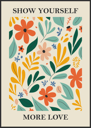 Botanical Matisse inspired flower wall art posters, brochure, flyer templates, contemporary collage. Organic shapes, line floral pattern with positive quote, Show yourself more loveのイラスト素材