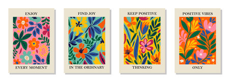 Set of 4 botanical Matisse inspired wall art posters, brochure, flyer templates, contemporary collage. Organic shapes, line floral pattern with positive motivational, inspirational quotes.のイラスト素材