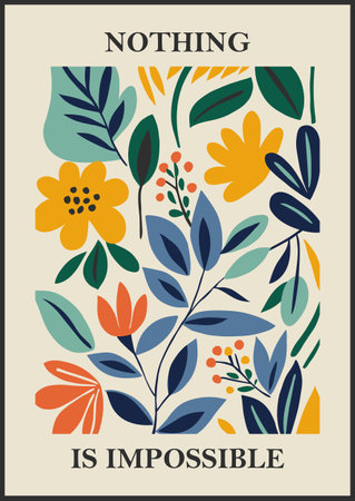 Botanical Matisse inspired flower wall art posters, brochure, flyer templates, contemporary collage. Organic shapes, line floral pattern with positive quote, Nothing is impossibleのイラスト素材