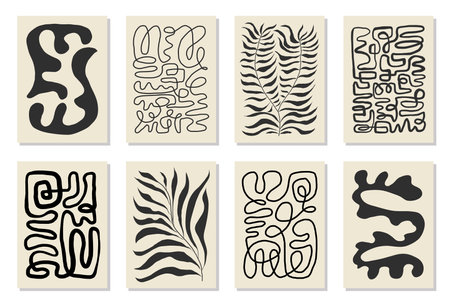 Set of 8 Matisse inspired wall art posters, brochure, flyer templates, contemporary collage. Organic one line abstract hand drawn design, wallpaper. Dynamic shapes graphic vintage vectorのイラスト素材
