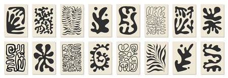 Set of 8 Matisse inspired wall art posters, brochure, flyer templates, contemporary collage. Organic one line abstract hand drawn design, wallpaper. Dynamic shapes graphic vintage vectorのイラスト素材