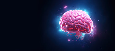 Generative AI, Pink human brain with bubbles on blue backgroundの素材