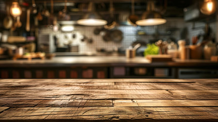Generative AI, empty wooden tabletop on blurred modern kitchen background with copy spaceの素材