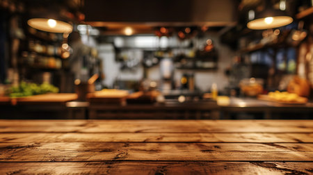 Generative AI, empty wooden tabletop on blurred modern kitchen background with copy spaceの素材