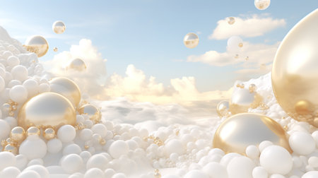 Generative AI, White and golden fantastic 3d clouds in the room interior, sky and landscape. Gentle colors and with bright lights.の素材