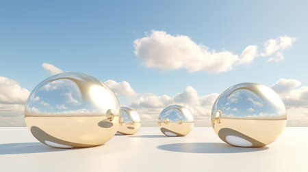 Generative AI, White and golden fantastic 3d clouds in the room interior, sky and landscape. Gentle colors and with bright lights.の素材