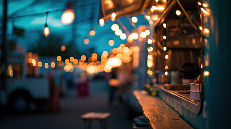 Generative AI, Food truck street festival, blurred lights background, atmospheric bokeh, muted colorsの素材