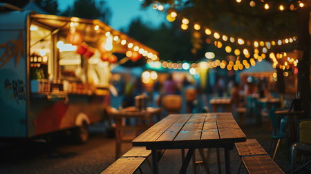 Generative AI, Food truck street festival, blurred lights background, atmospheric bokeh, muted colorsの素材