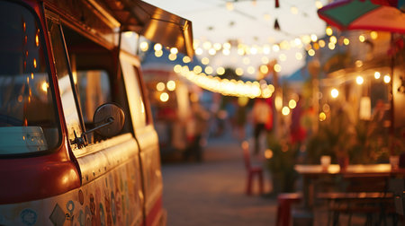 Generative AI, Food truck street festival, blurred lights background, atmospheric bokeh, muted colorsの素材