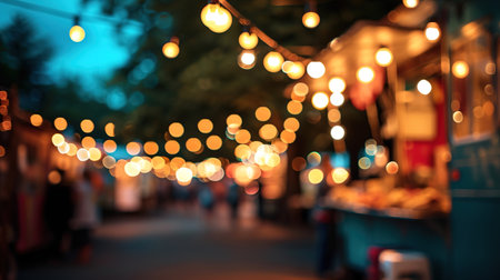 Generative AI, Food truck street festival, blurred lights background, atmospheric bokeh, muted colorsの素材