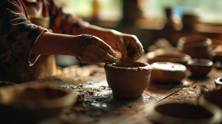 Generative AI, kid hands with clay making of a ceramic pot in the pottery workshop studio, hobby and leisure conceptの素材