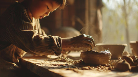 Generative AI, kid hands with clay making of a ceramic pot in the pottery workshop studio, hobby and leisure conceptの素材