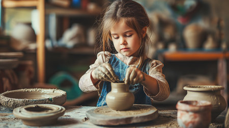 Generative AI, kid hands with clay making of a ceramic pot in the pottery workshop studio, hobby and leisure conceptの素材