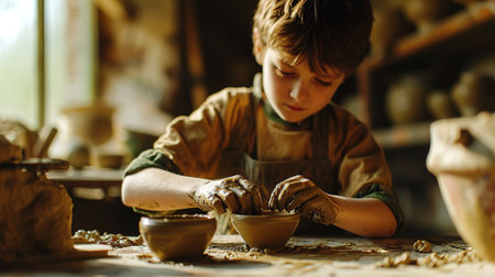 Generative AI, kid hands with clay making of a ceramic pot in the pottery workshop studio, hobby and leisure conceptの素材