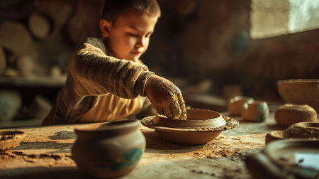 Generative AI, kid hands with clay making of a ceramic pot in the pottery workshop studio, hobby and leisure conceptの素材