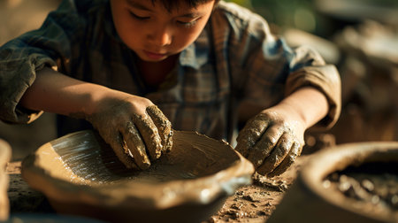 Generative AI, kid hands with clay making of a ceramic pot in the pottery workshop studio, hobby and leisure conceptの素材