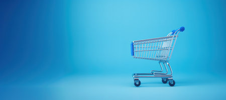 Generative AI, empty shopping cart on blue background, minimalistic shop online, free delivery, discounts and sale concept.の素材