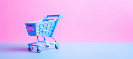 Generative AI, empty shopping cart on blue background, minimalistic shop online, free delivery, discounts and sale concept.の素材
