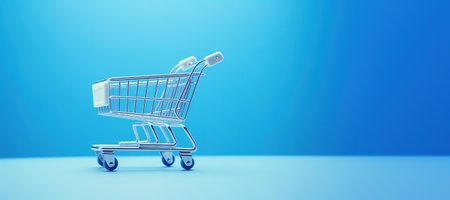 Generative AI, empty shopping cart on blue background, minimalistic shop online, free delivery, discounts and sale concept.の素材