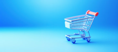 Generative AI, empty shopping cart on blue background, minimalistic shop online, free delivery, discounts and sale concept.の素材
