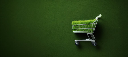 Generative AI, shopping cart on grass and moss background, environment concept, shopaholism, ecology concept. Sustainable lifestyle, conscious consumptionの素材