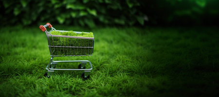 Generative AI, shopping cart on grass and moss background, environment concept, shopaholism, ecology concept. Sustainable lifestyle, conscious consumptionの素材