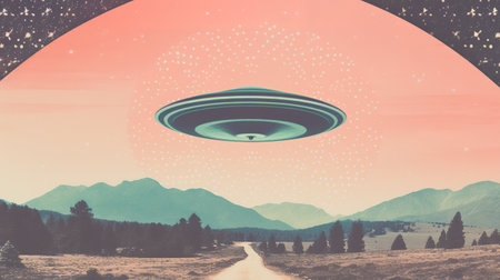 Generative AI, Vintage risograph collage of alien UFO in space, pastel halftone, geometric shapes, abstract grain textureの素材