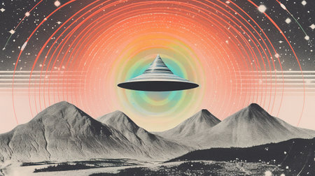 Generative AI, Vintage risograph collage of alien UFO in space, pastel halftone, geometric shapes, abstract grain textureの素材