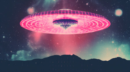 Generative AI, Vintage risograph collage of alien UFO in space, pastel halftone, geometric shapes, abstract grain textureの素材