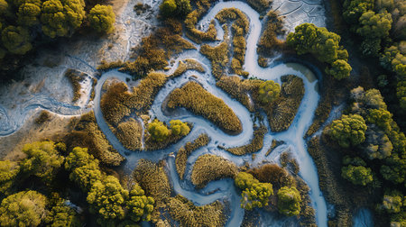 Generative AI, aerial view of labyrinth waterways, drone photo, beautiful landscapeの素材