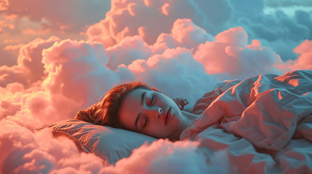 Generative AI, young woman are sleeping surrounded by fluffy cottony pink clouds in the skyの素材