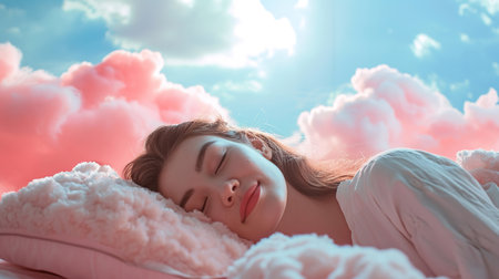 Generative AI, young woman are sleeping surrounded by fluffy cottony pink clouds in the skyの素材