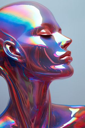Generative AI, woman face in iridescent colors liquid, fluid, futuristic alien style, closeupの素材