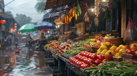 Generative AI, Traditional oriental Asian market with fruits and vegetables under the rain with umbrellasの素材