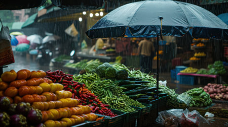 Generative AI, Traditional oriental Asian market with fruits and vegetables under the rain with umbrellasの素材