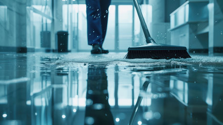 Generative AI, Housekeeping, cleaning, person with a mop to clean the floor. Office or domestic worker, cleaner and housewifeの素材