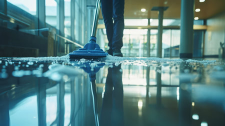 Generative AI, Housekeeping, cleaning, person with a mop to clean the floor. Office or domestic worker, cleaner and housewifeの素材