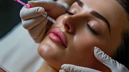 Generative AI, Beauty injections, face contour correction in cosmetology, young woman gets beauty facial injections in salonの素材