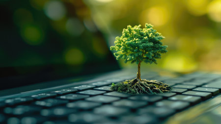Generative AI, Plant growing from the laptop keyboard. Ecology and environment conceptの素材