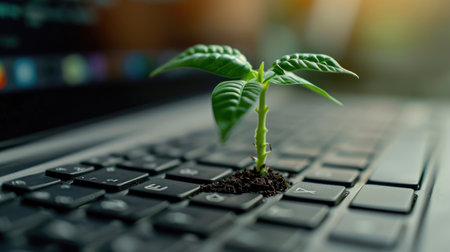 Generative AI, Plant growing from the laptop keyboard. Ecology and environment conceptの素材