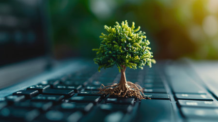 Generative AI, Plant growing from the laptop keyboard. Ecology and environment conceptの素材