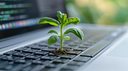 Generative AI, Plant growing from the laptop keyboard. Ecology and environment conceptの素材