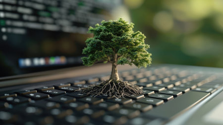 Generative AI, Plant growing from the laptop keyboard. Ecology and environment conceptの素材