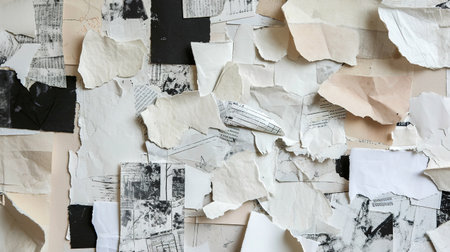 Generative AI, collage of waste paper pieces, ripped paper with torn, recycling conceptの素材
