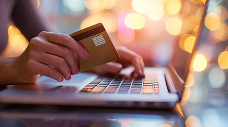 Generative AI, person using laptop computer for online shopping at home, hand holding credit card, online shopping conceptの素材