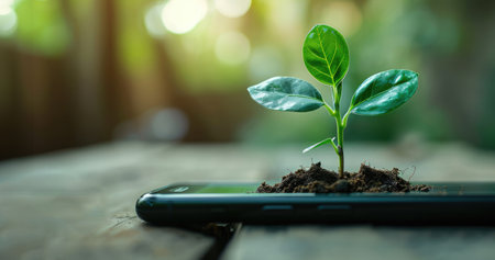 Generative AI, Plant growing from the smartphone screen. Ecology and environment conceptの素材