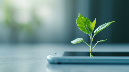 Generative AI, Plant growing from the smartphone screen. Ecology and environment conceptの素材